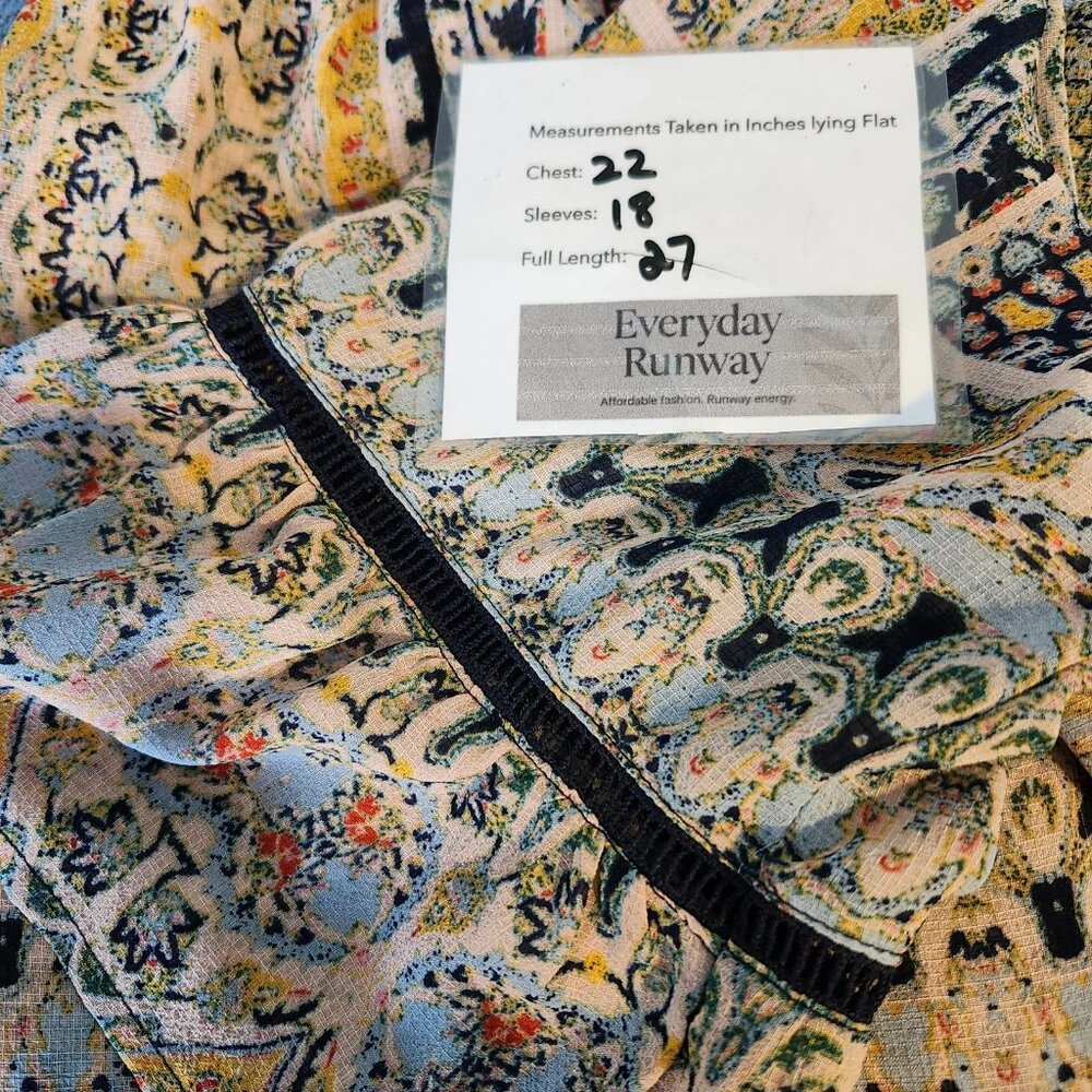 Democracy Boho Off Shoulder Top L Bell Sleeve Flowy Semi Sheer Embroidered Trim - Picture 10 of 11